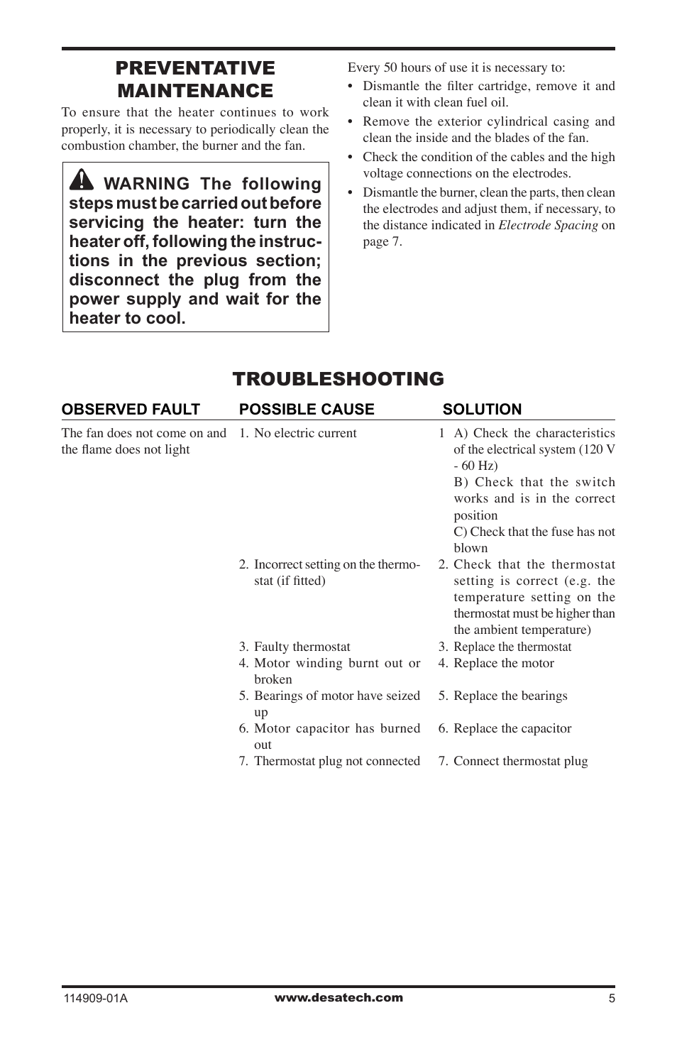 Preventative maintenance, Troubleshooting | Desa 280-IF User Manual | Page 5 / 48