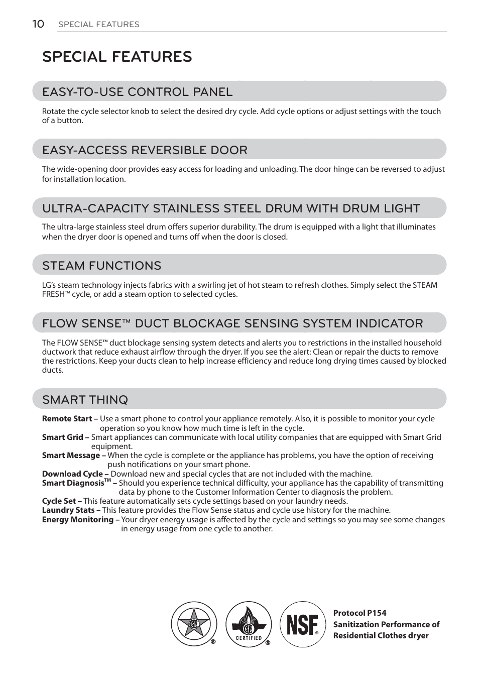 Special features, Easy-to-use control panel, Easy-access reversible door | Steam functions, Flow sense™ duct blockage sensing system indicator, Smart thinq | LG Signature Series TurboSteam Series 29 Inch Electric Smart Dryer Owners Manual User Manual | Page 10 / 108