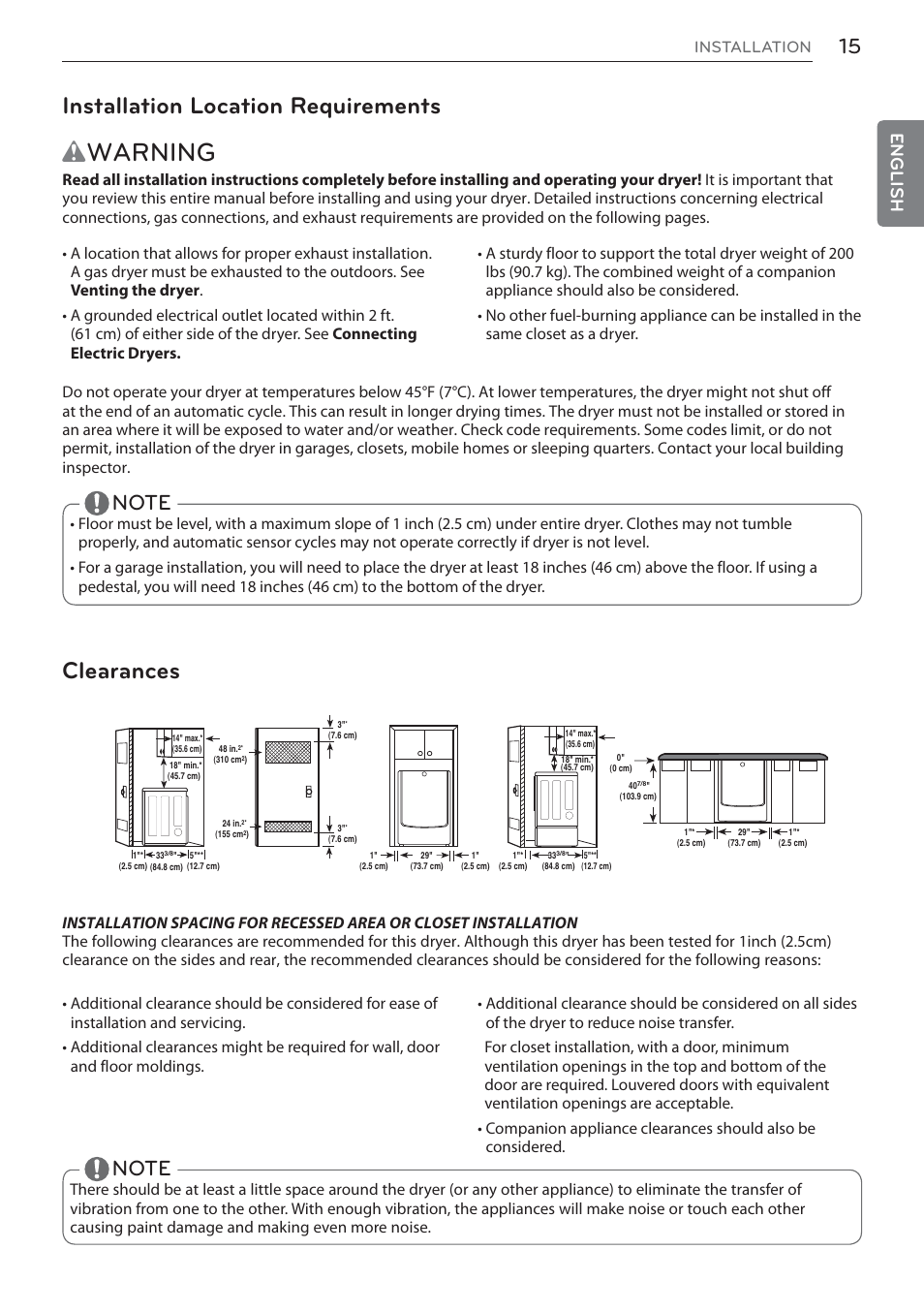 Wwarning, Installation location requirements, Clearances | English | LG Signature Series TurboSteam Series 29 Inch Electric Smart Dryer Owners Manual User Manual | Page 15 / 108