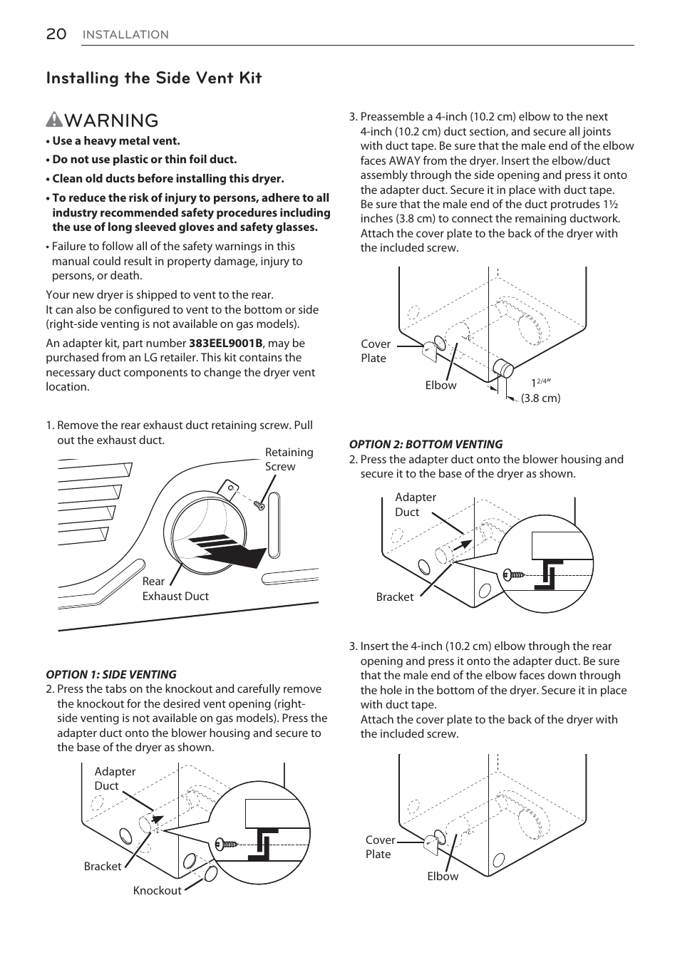 Wwarning, Installing the side vent kit | LG Signature Series TurboSteam Series 29 Inch Electric Smart Dryer Owners Manual User Manual | Page 20 / 108