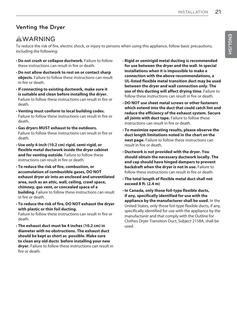 Wwarning, Venting the dryer | LG Signature Series TurboSteam Series 29 Inch Electric Smart Dryer Owners Manual User Manual | Page 21 / 108