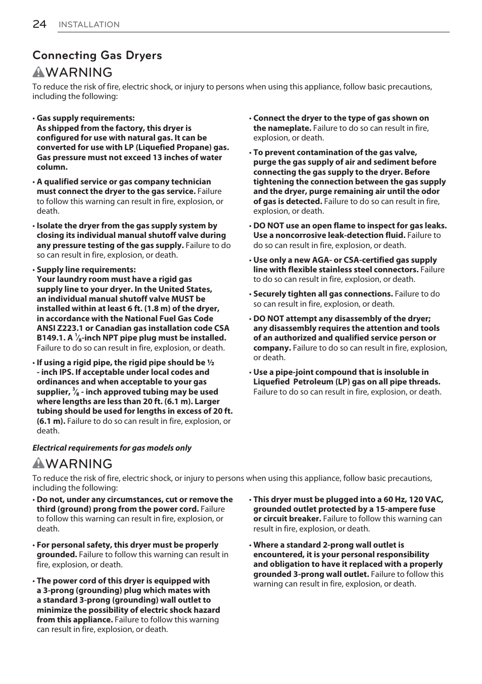 Wwarning, Connecting gas dryers | LG Signature Series TurboSteam Series 29 Inch Electric Smart Dryer Owners Manual User Manual | Page 24 / 108