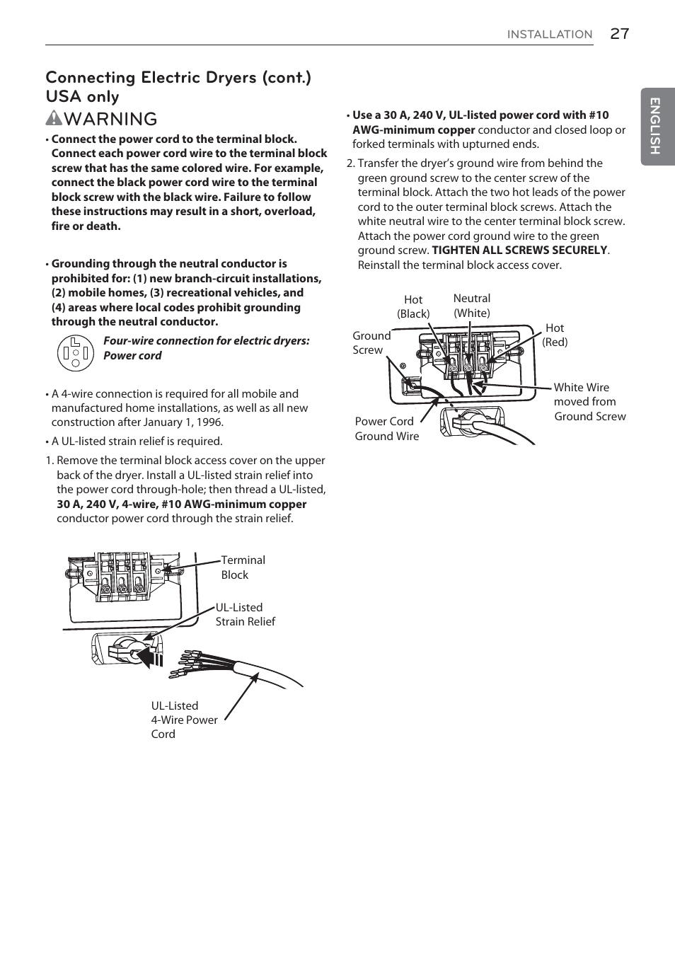 Wwarning, Connecting electric dryers (cont.) usa only | LG Signature Series TurboSteam Series 29 Inch Electric Smart Dryer Owners Manual User Manual | Page 27 / 108