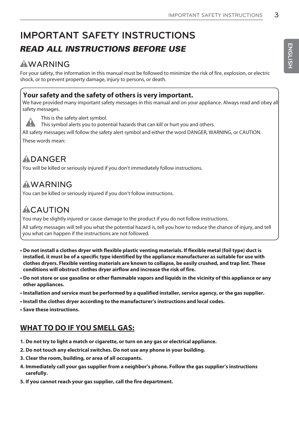 Important safety instructions, Wwarning, Wdanger | Wcaution, Read all instructions before use | LG Signature Series TurboSteam Series 29 Inch Electric Smart Dryer Owners Manual User Manual | Page 3 / 108