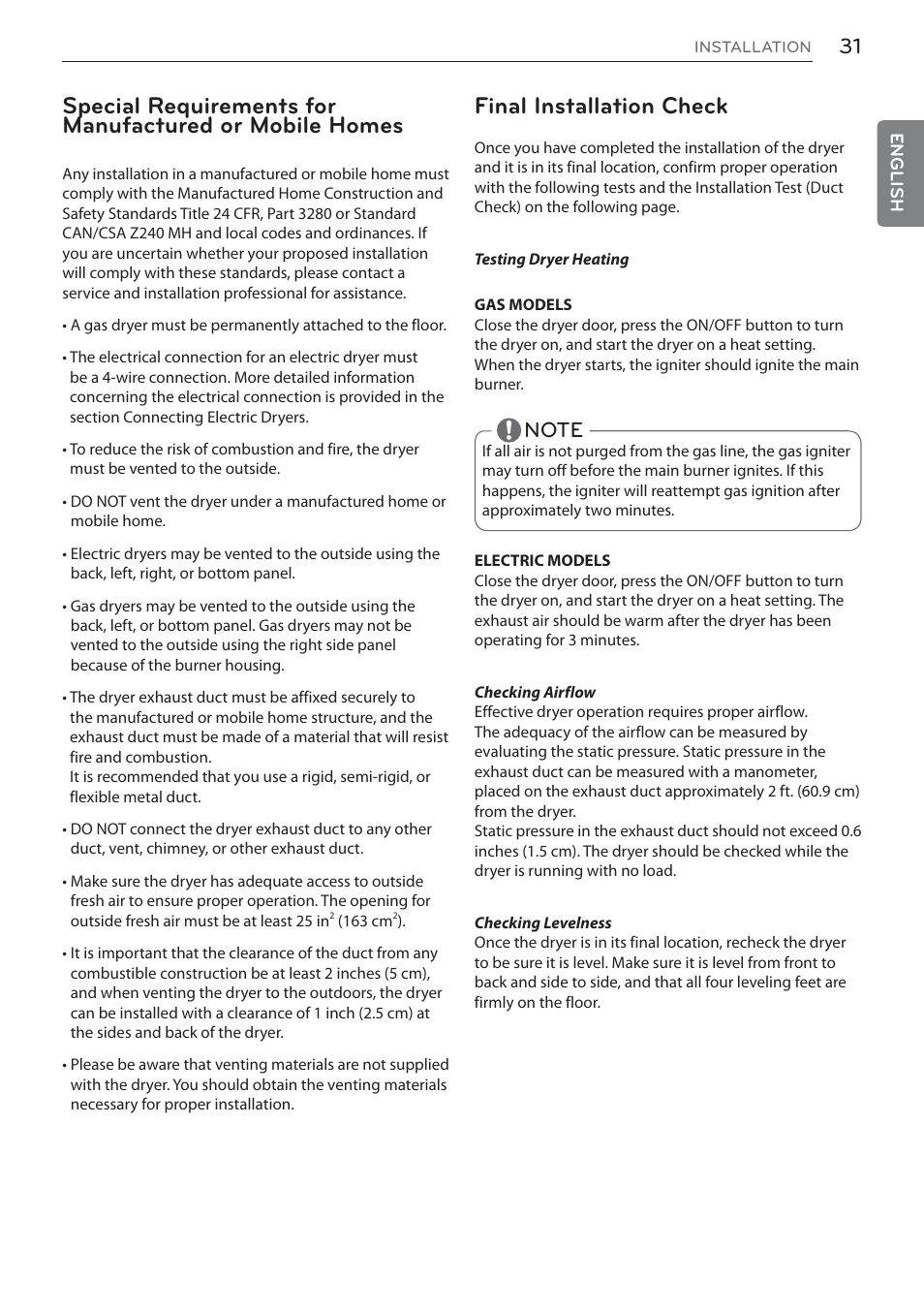 Final installation check | LG Signature Series TurboSteam Series 29 Inch Electric Smart Dryer Owners Manual User Manual | Page 31 / 108