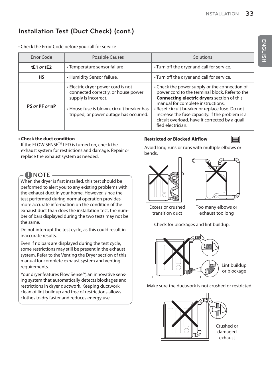 Installation test (duct check) (cont.) | LG Signature Series TurboSteam Series 29 Inch Electric Smart Dryer Owners Manual User Manual | Page 33 / 108