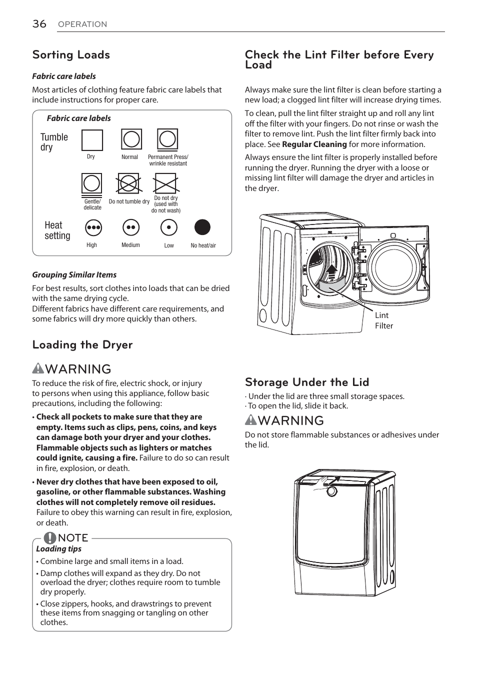 Wwarning, Check the lint filter before every load, Storage under the lid | Sorting loads, Loading the dryer | LG Signature Series TurboSteam Series 29 Inch Electric Smart Dryer Owners Manual User Manual | Page 36 / 108