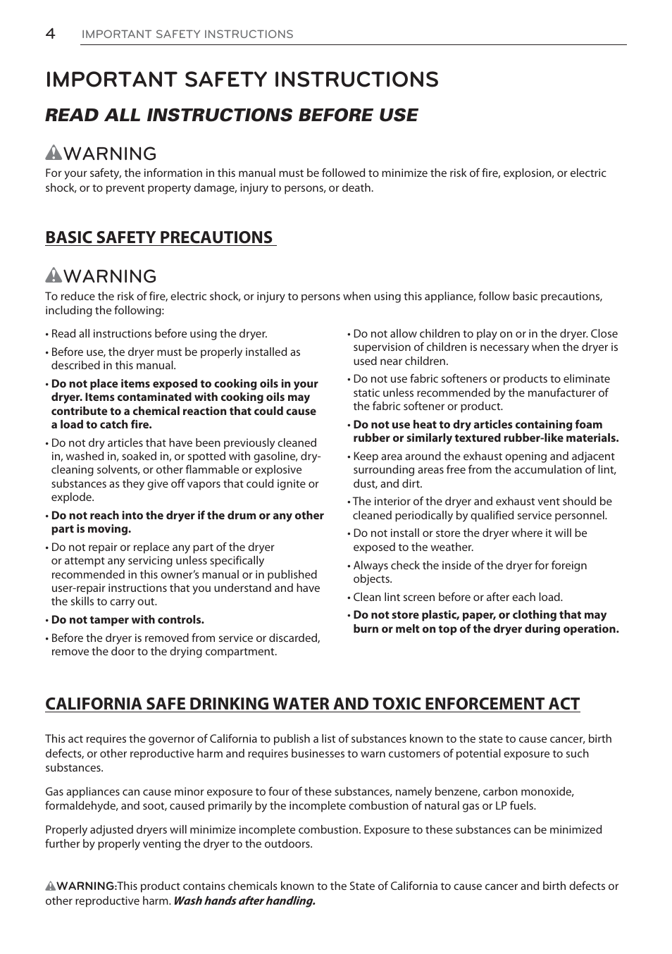 Important safety instructions, Wwarning, Read all instructions before use | LG Signature Series TurboSteam Series 29 Inch Electric Smart Dryer Owners Manual User Manual | Page 4 / 108