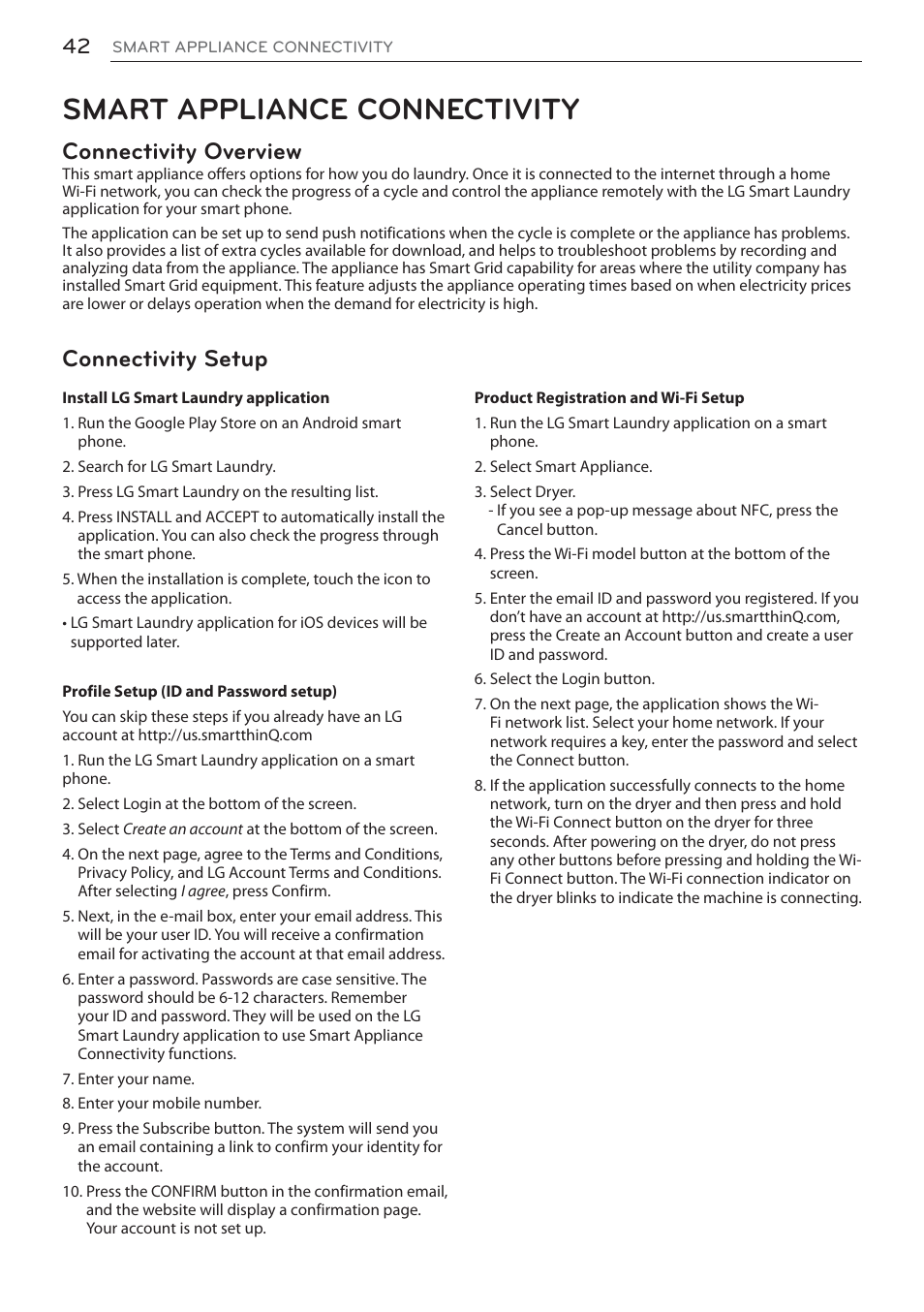 Smart appliance connectivity, Connectivity overview, Connectivity setup | LG Signature Series TurboSteam Series 29 Inch Electric Smart Dryer Owners Manual User Manual | Page 42 / 108
