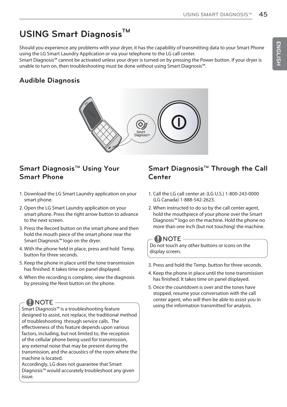 Using smart diagnosis, Audible diagnosis, Smart diagnosis™ using your smart phone | Smart diagnosis™ through the call center | LG Signature Series TurboSteam Series 29 Inch Electric Smart Dryer Owners Manual User Manual | Page 45 / 108
