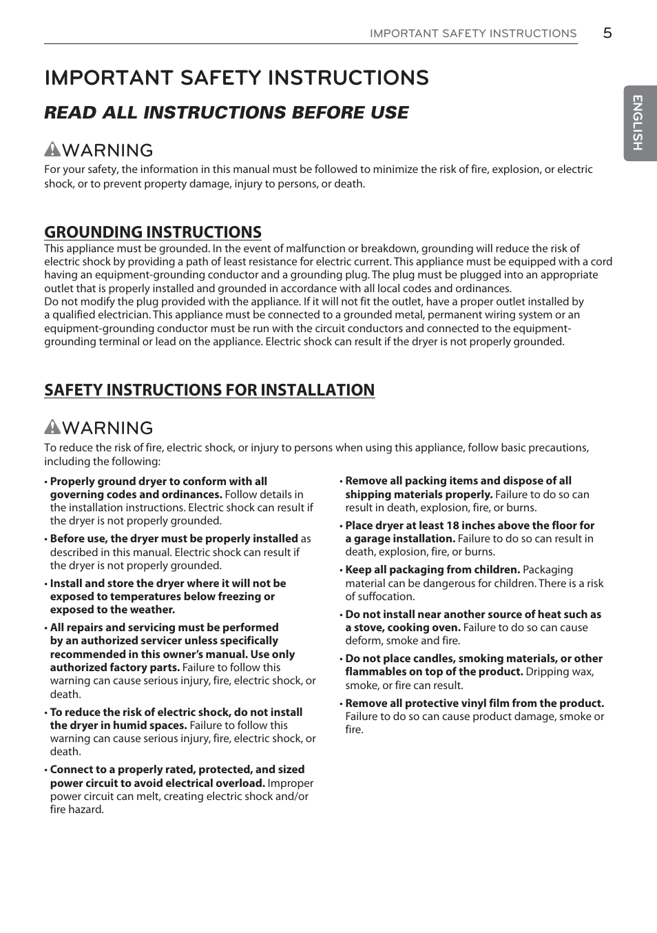 Important safety instructions, Wwarning, Read all instructions before use | LG Signature Series TurboSteam Series 29 Inch Electric Smart Dryer Owners Manual User Manual | Page 5 / 108