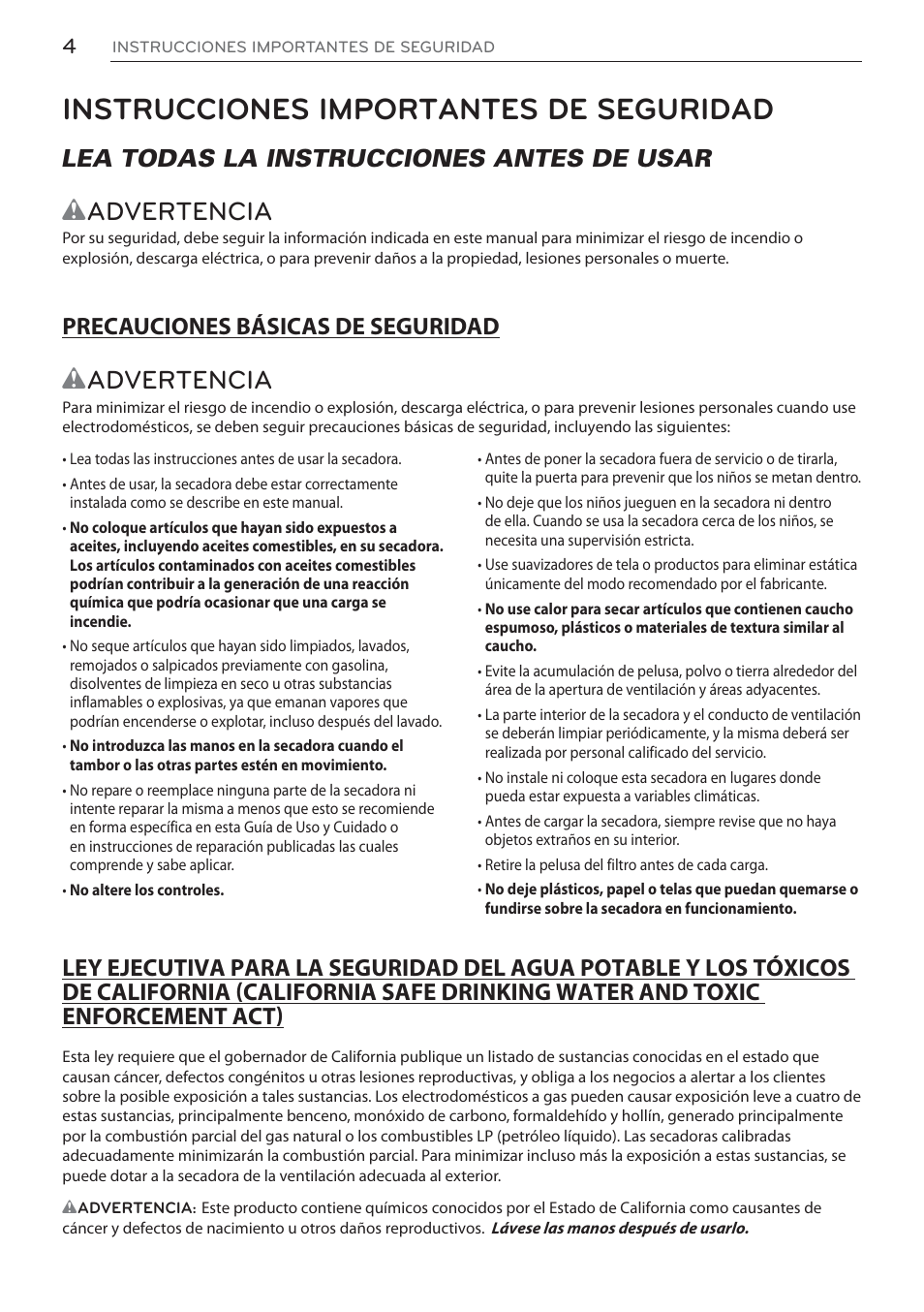 Instrucciones importantes de seguridad, Wadvertencia, Lea todas la instrucciones antes de usar | LG Signature Series TurboSteam Series 29 Inch Electric Smart Dryer Owners Manual User Manual | Page 56 / 108