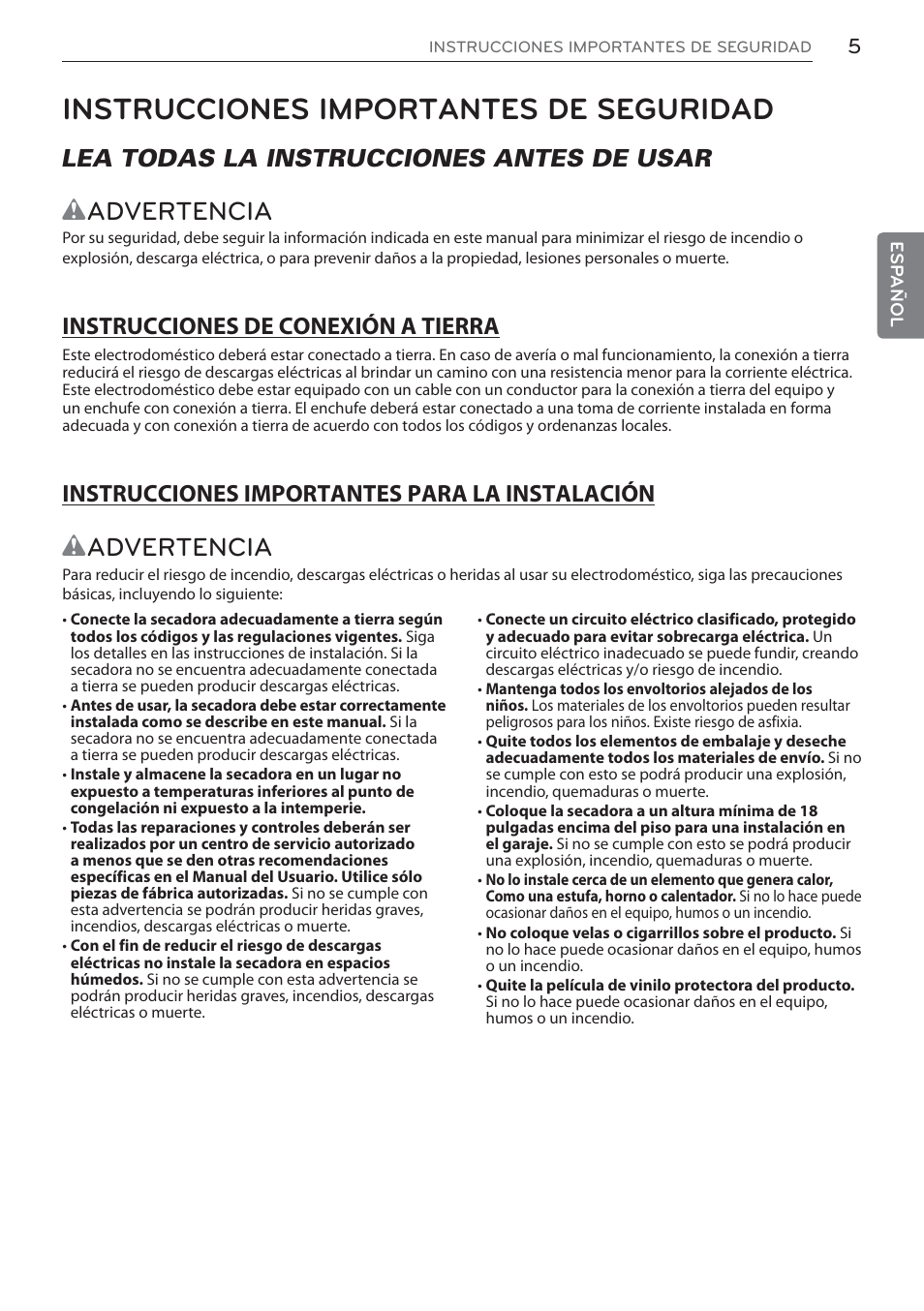 Instrucciones importantes de seguridad, Wadvertencia, Lea todas la instrucciones antes de usar | LG Signature Series TurboSteam Series 29 Inch Electric Smart Dryer Owners Manual User Manual | Page 57 / 108