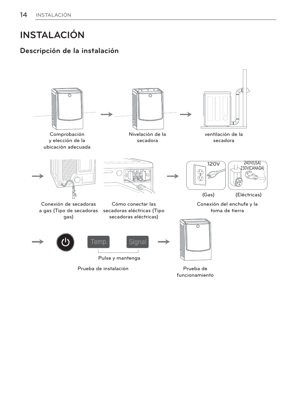 Instalación, Descripción de la instalación | LG Signature Series TurboSteam Series 29 Inch Electric Smart Dryer Owners Manual User Manual | Page 66 / 108