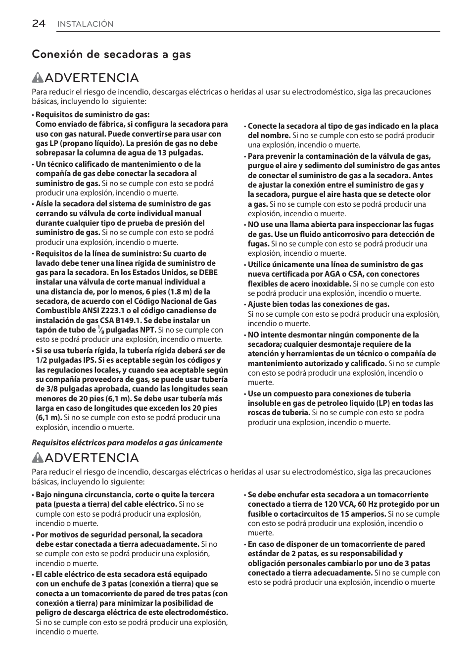 Wadvertencia, Conexión de secadoras a gas | LG Signature Series TurboSteam Series 29 Inch Electric Smart Dryer Owners Manual User Manual | Page 76 / 108