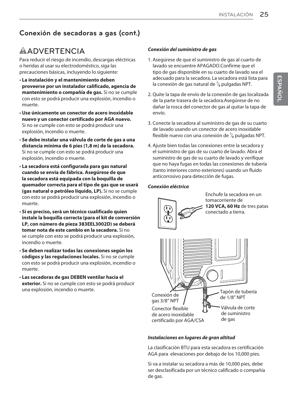 Wadvertencia, Conexión de secadoras a gas (cont.) | LG Signature Series TurboSteam Series 29 Inch Electric Smart Dryer Owners Manual User Manual | Page 77 / 108