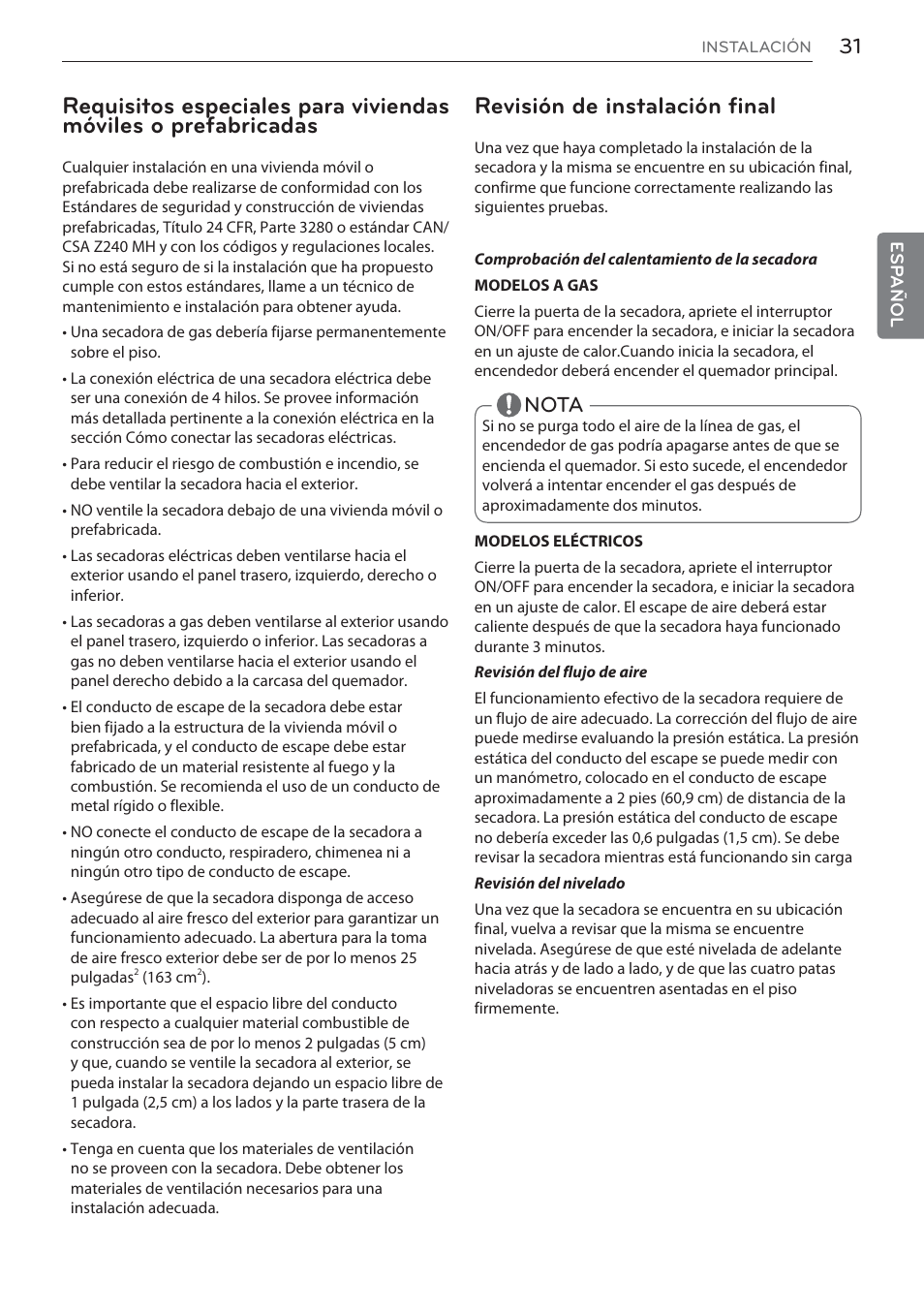 Revisión de instalación final, Nota | LG Signature Series TurboSteam Series 29 Inch Electric Smart Dryer Owners Manual User Manual | Page 83 / 108