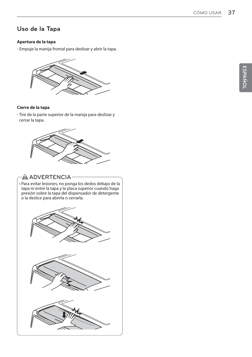 Uso de la tapa | LG Signature Series TurboSteam Series 29 Inch Electric Smart Dryer Owners Manual User Manual | Page 89 / 108