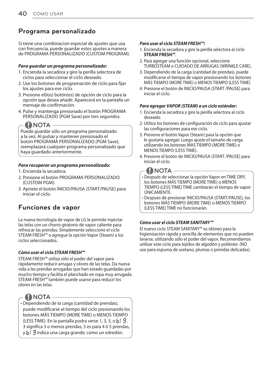 Programa personalizado, Funciones de vapor, Nota | LG Signature Series TurboSteam Series 29 Inch Electric Smart Dryer Owners Manual User Manual | Page 92 / 108