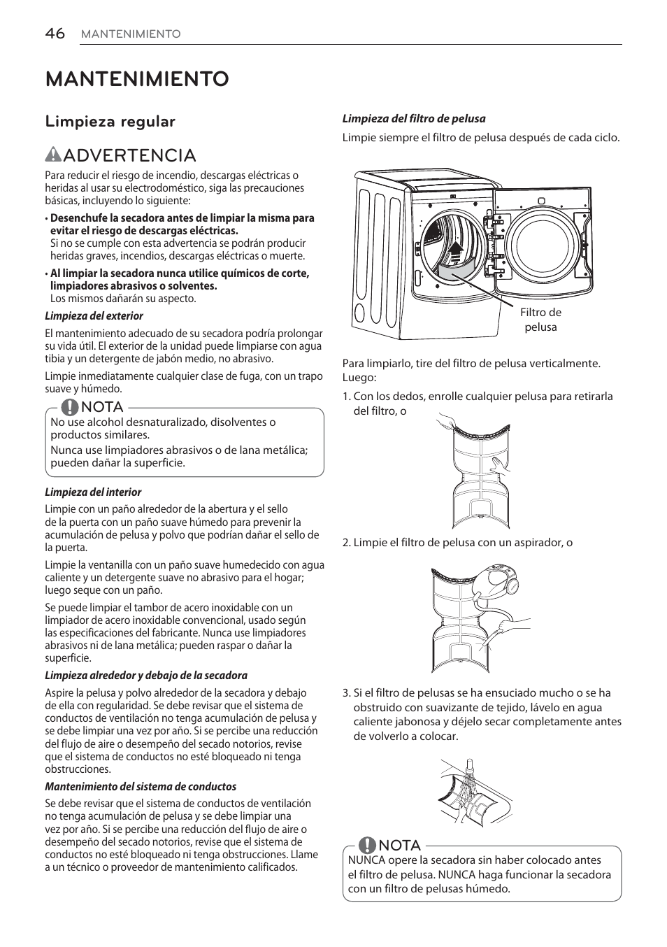 Mantenimiento, Wadvertencia, Limpieza regular | Nota | LG Signature Series TurboSteam Series 29 Inch Electric Smart Dryer Owners Manual User Manual | Page 98 / 108