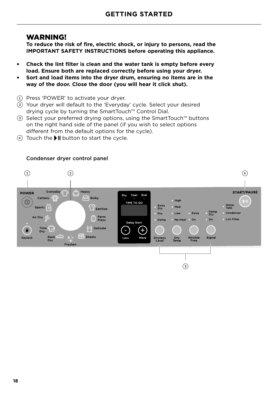 Getting started, Warning | Fisher & Paykel 24 Inch Condensing Dryer Install Guide User Manual | Page 20 / 84
