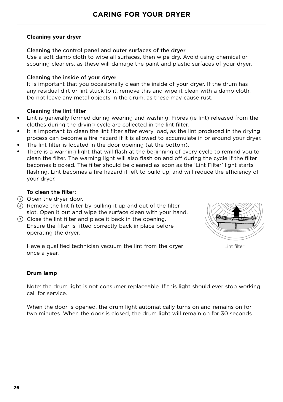 Caring for your dryer | Fisher & Paykel 24 Inch Condensing Dryer Install Guide User Manual | Page 28 / 84