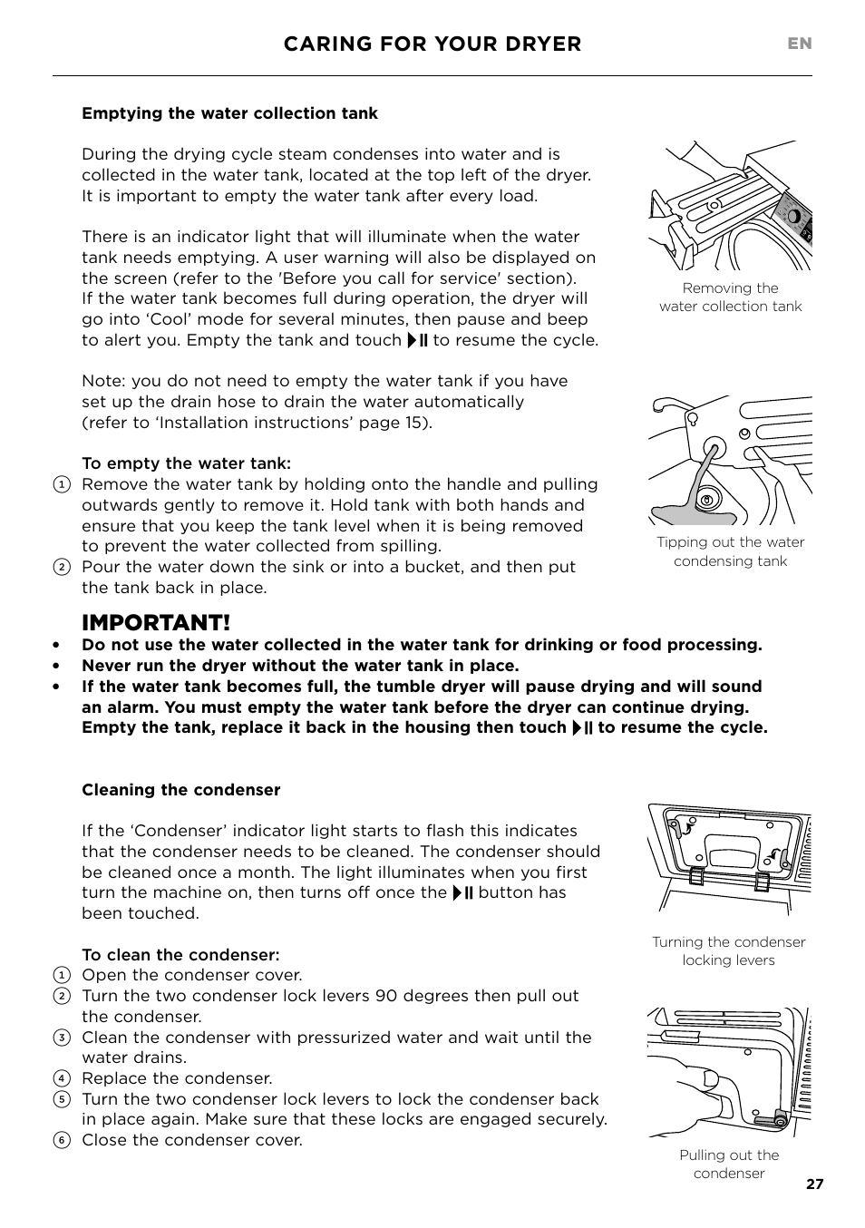 Important, Caring for your dryer | Fisher & Paykel 24 Inch Condensing Dryer Install Guide User Manual | Page 29 / 84