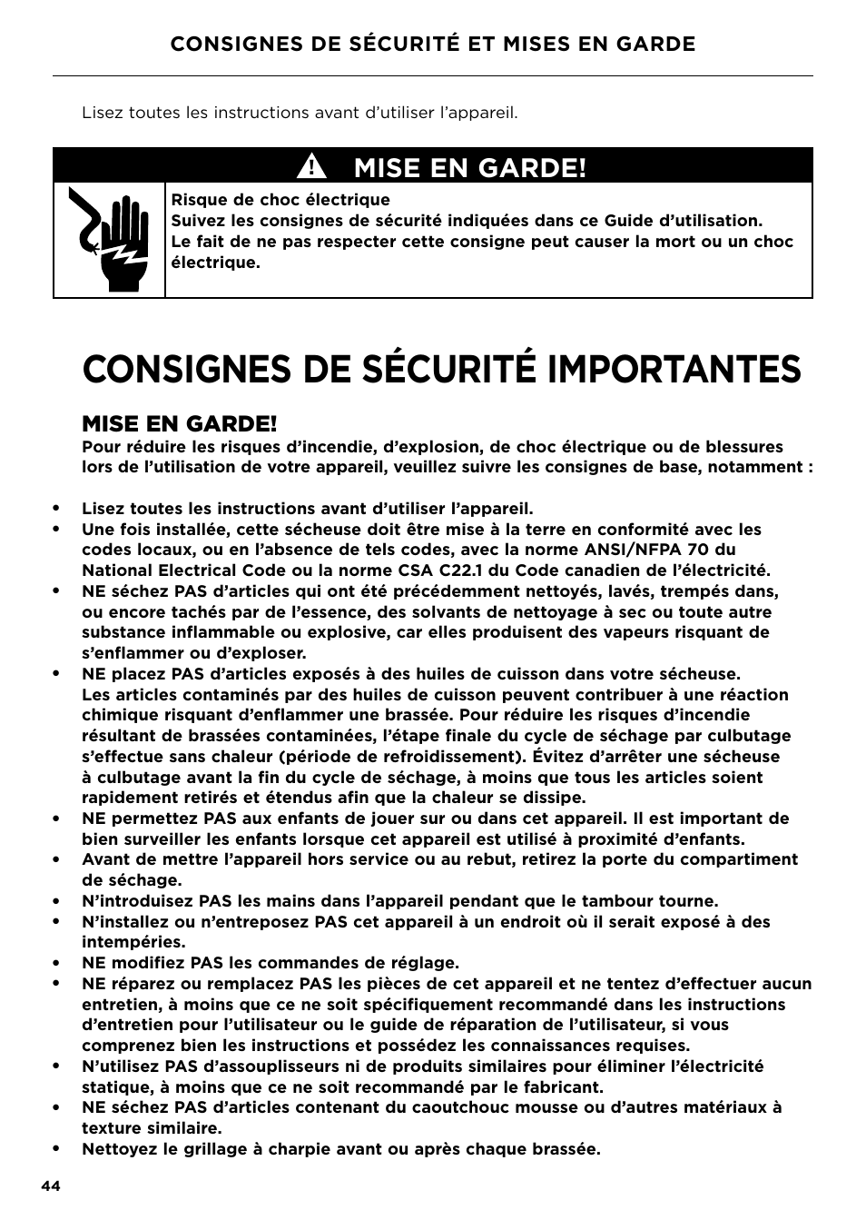 Consignes de sécurité et mises en garde, Consignes de sécurité importantes, Mise en garde | Ne modifiez pas les commandes de réglage | Fisher & Paykel 24 Inch Condensing Dryer Install Guide User Manual | Page 46 / 84