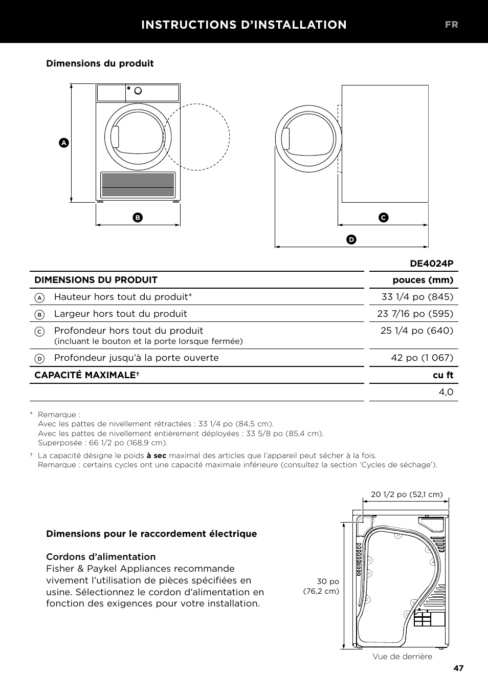 Instructions d’installation | Fisher & Paykel 24 Inch Condensing Dryer Install Guide User Manual | Page 49 / 84