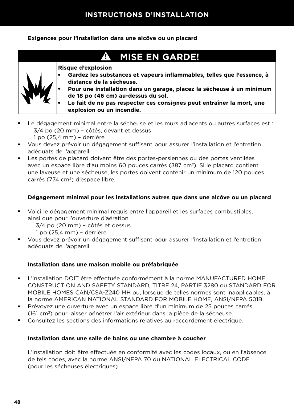 Mise en garde, Instructions d’installation, Risque d’explosion | Fisher & Paykel 24 Inch Condensing Dryer Install Guide User Manual | Page 50 / 84