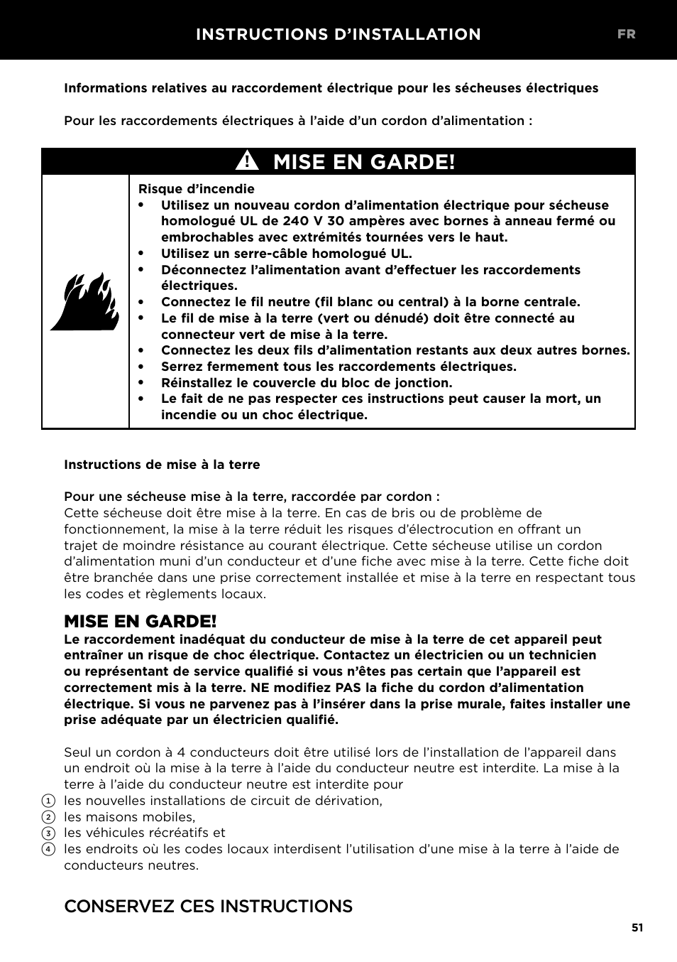 Mise en garde, Conservez ces instructions, Instructions d’installation | Fisher & Paykel 24 Inch Condensing Dryer Install Guide User Manual | Page 53 / 84