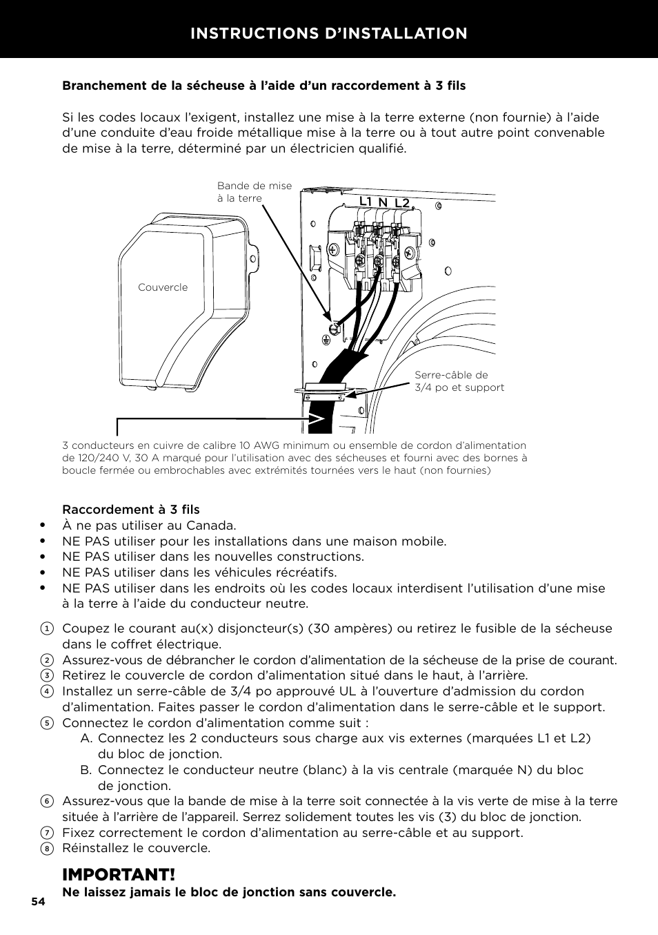 Important, Instructions d’installation | Fisher & Paykel 24 Inch Condensing Dryer Install Guide User Manual | Page 56 / 84