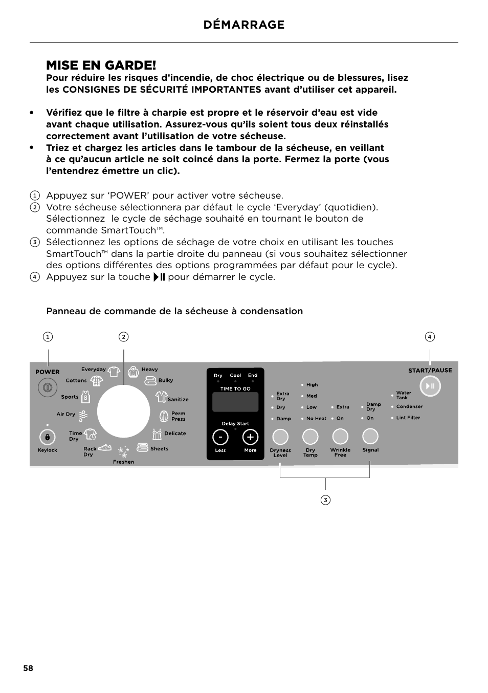 Démarrage, Démarrage 58, Mise en garde | Fisher & Paykel 24 Inch Condensing Dryer Install Guide User Manual | Page 60 / 84