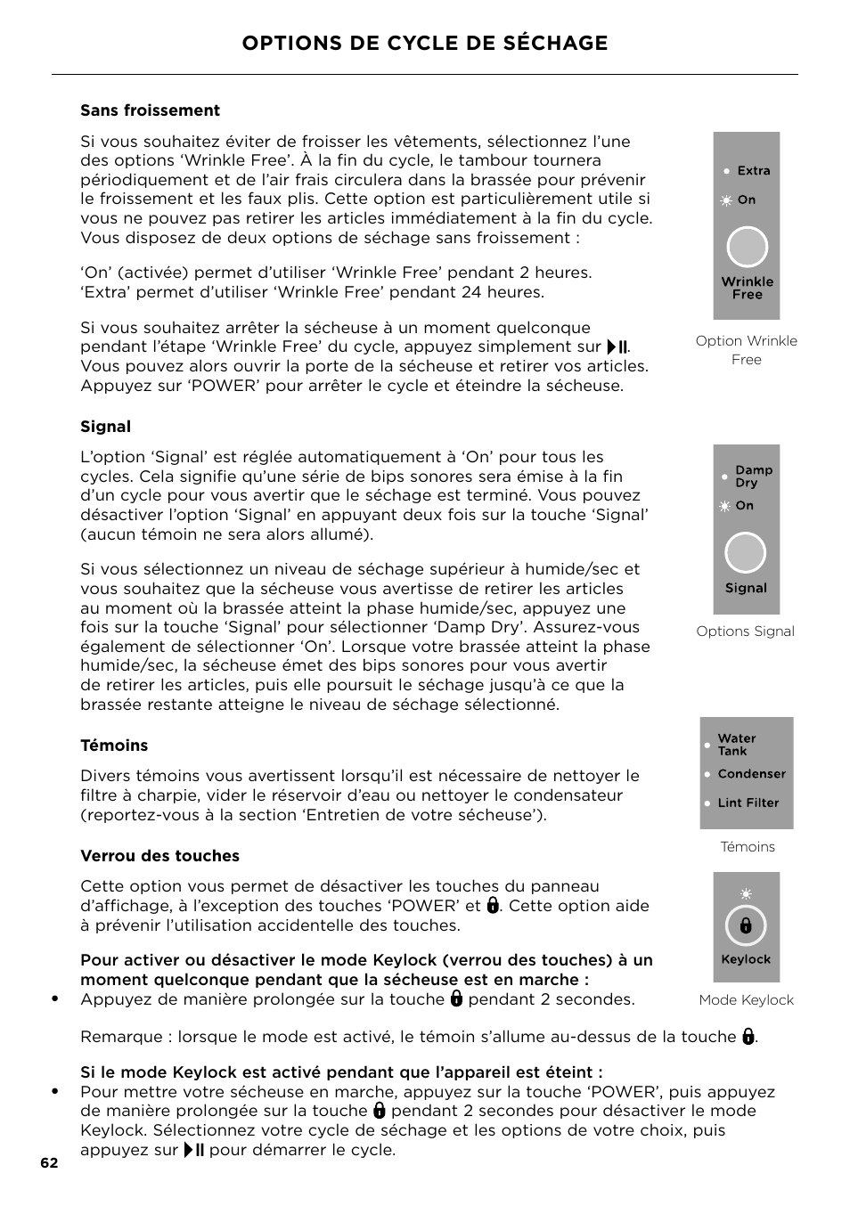 Options de cycle de séchage | Fisher & Paykel 24 Inch Condensing Dryer Install Guide User Manual | Page 64 / 84