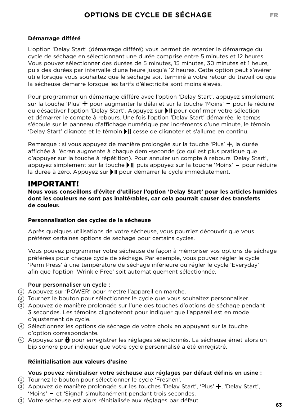 Important, Options de cycle de séchage | Fisher & Paykel 24 Inch Condensing Dryer Install Guide User Manual | Page 65 / 84