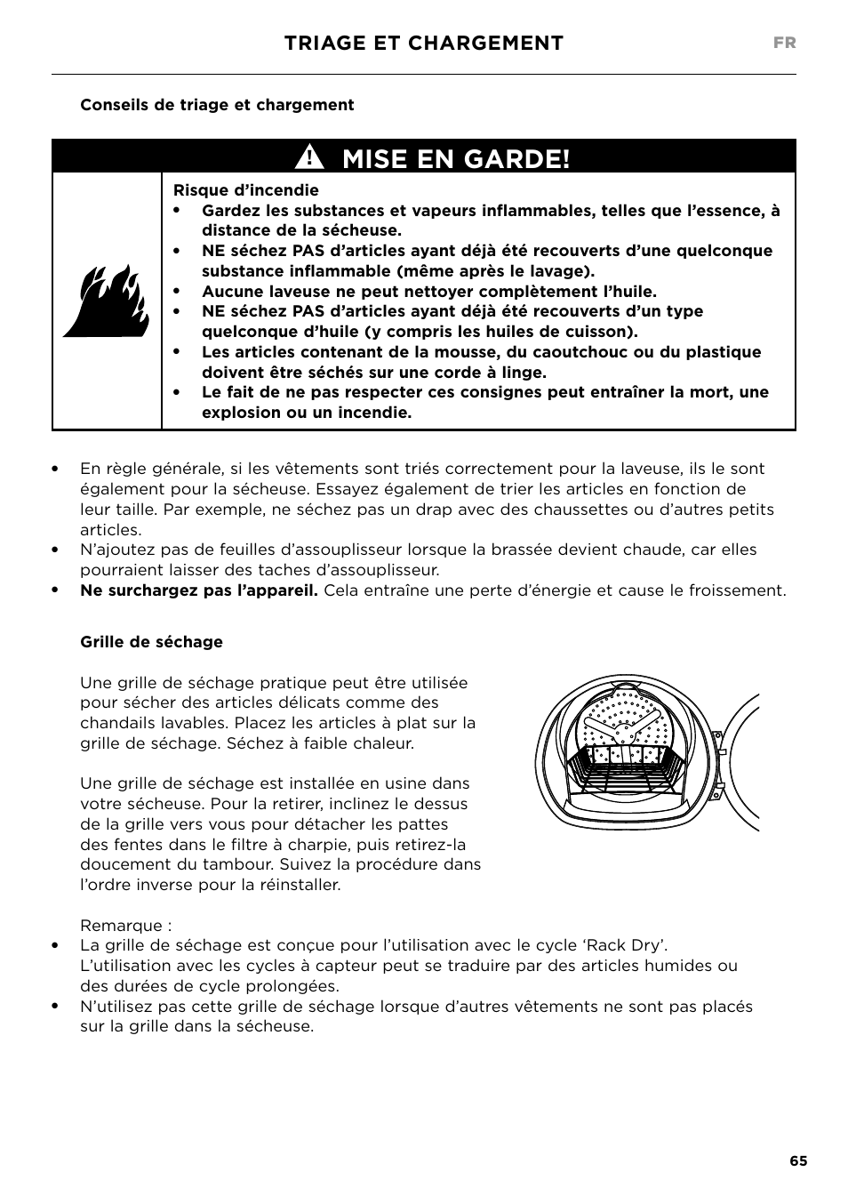 Mise en garde, Triage et chargement, Conseils de triage et chargement | Risque d’incendie | Fisher & Paykel 24 Inch Condensing Dryer Install Guide User Manual | Page 67 / 84