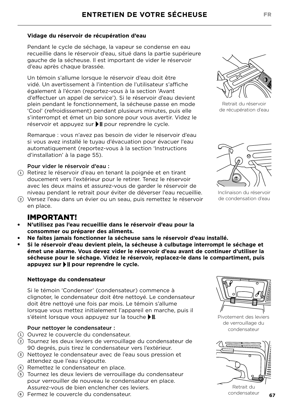 Important, Entretien de votre sécheuse | Fisher & Paykel 24 Inch Condensing Dryer Install Guide User Manual | Page 69 / 84