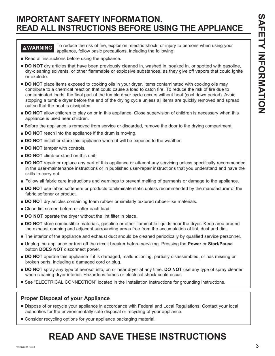 Important safety information, Read all instructions before using the appliance | GE 27 Inch Electric Dryer Owners Guide User Manual | Page 3 / 32