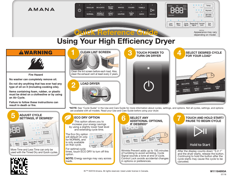 Amana 27 Inch Front Load Electric Dryer Reference Guide User Manual | 2 pages