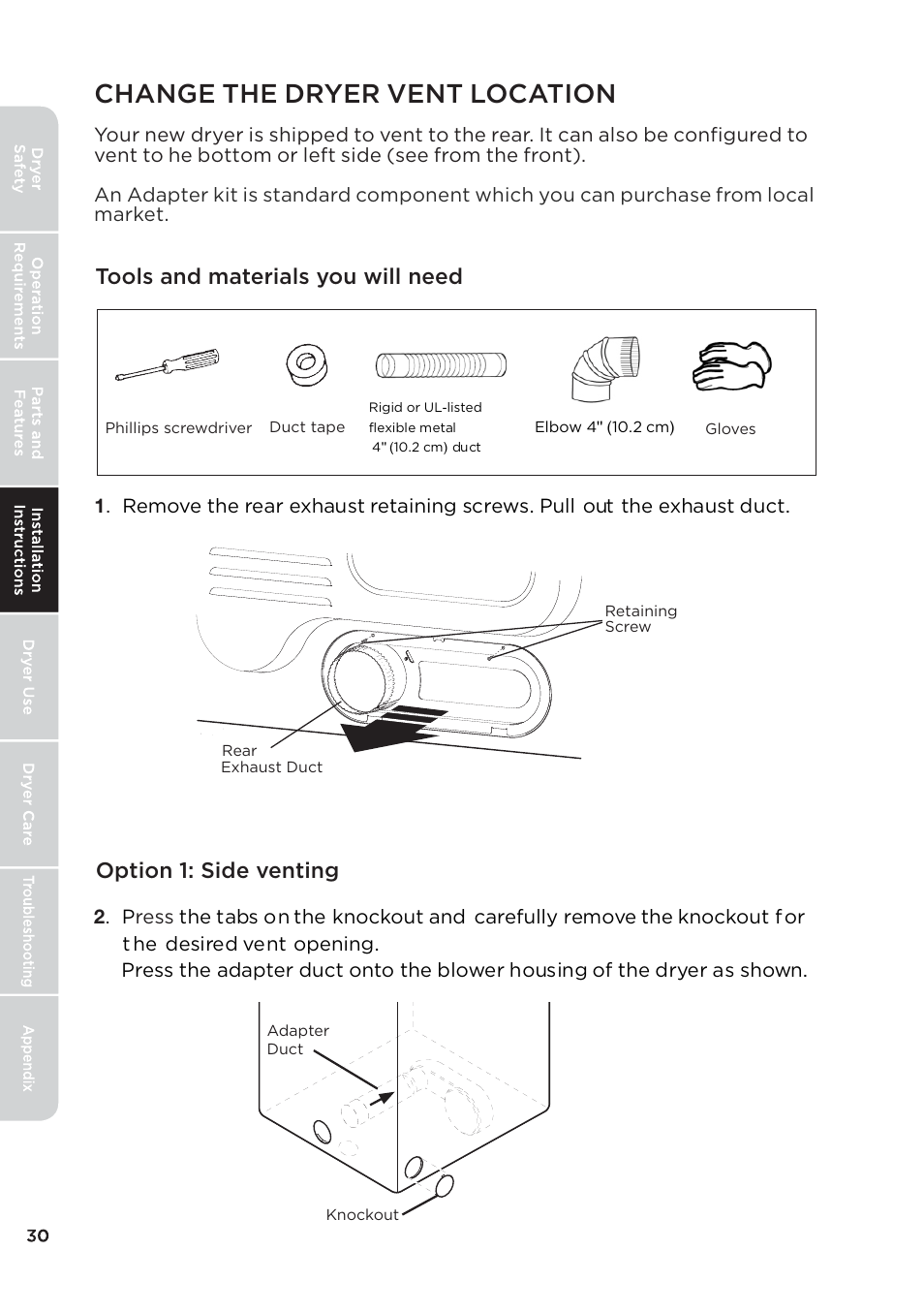 页 30, Change the dryer vent location | MIDEA 27 Inch Electric Dryer Owner's Manual User Manual | Page 30 / 104