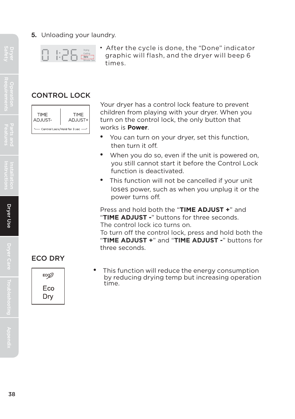 页 38, Control lock eco dry, Oses | MIDEA 27 Inch Electric Dryer Owner's Manual User Manual | Page 38 / 104