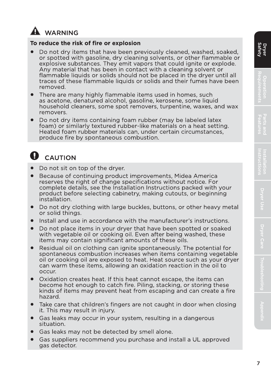 MIDEA 27 Inch Electric Dryer Owner's Manual User Manual | Page 7 / 104