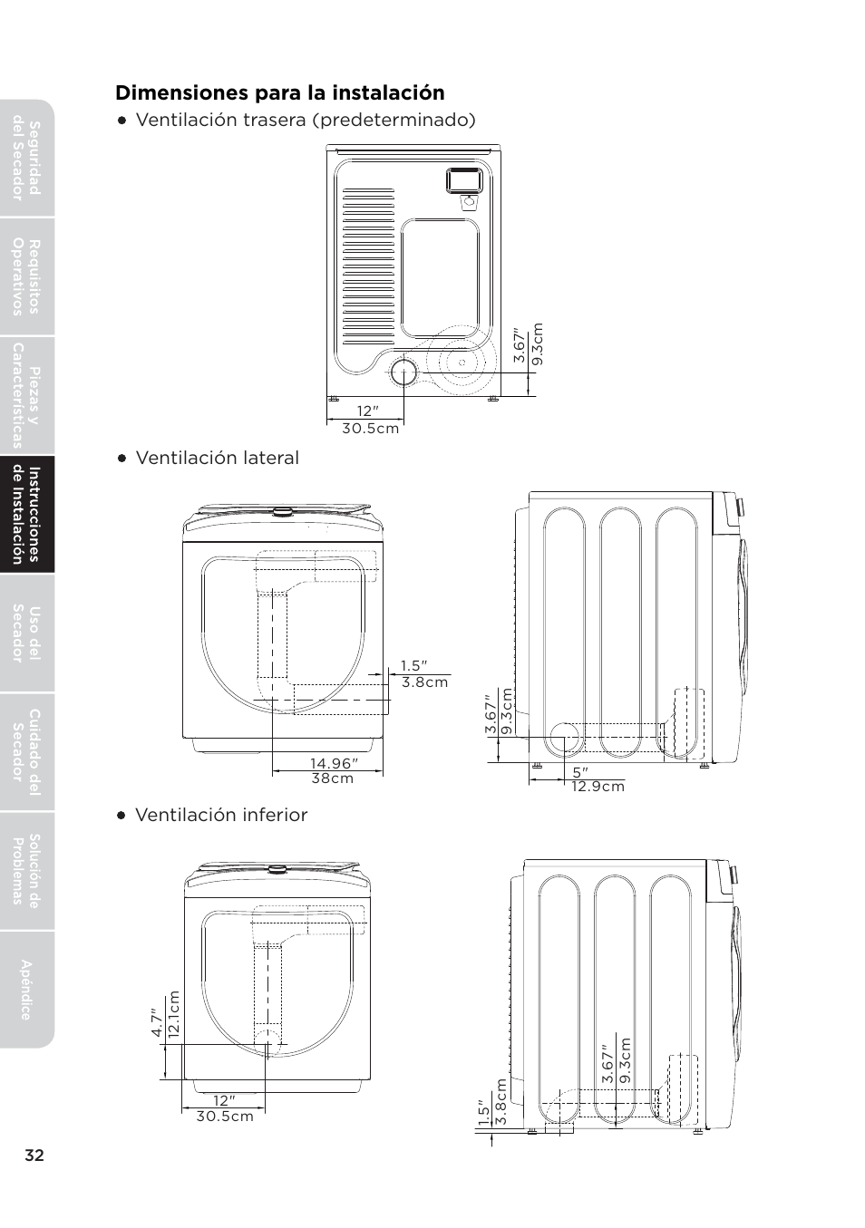 页 134, Dimensiones para la instalación | MIDEA 27 Inch Electric Dryer Owner's Manual User Manual | Page 82 / 104