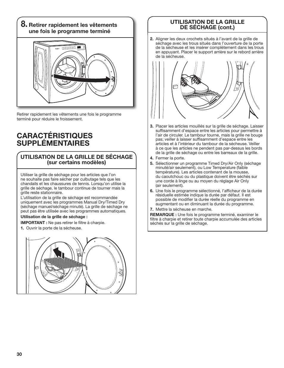 Caractéristiques supplémentaires | Whirlpool 27 Inch Electric Long Vent Dryer Use and Care Guide User Manual | Page 30 / 40
