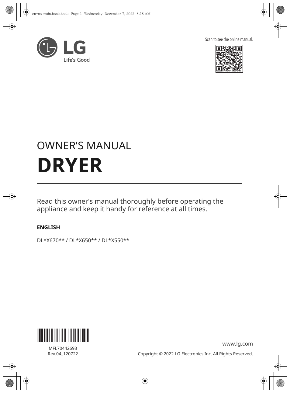 LG 27 Inch Electric Smart Dryer Owners Guide User Manual | 132 pages