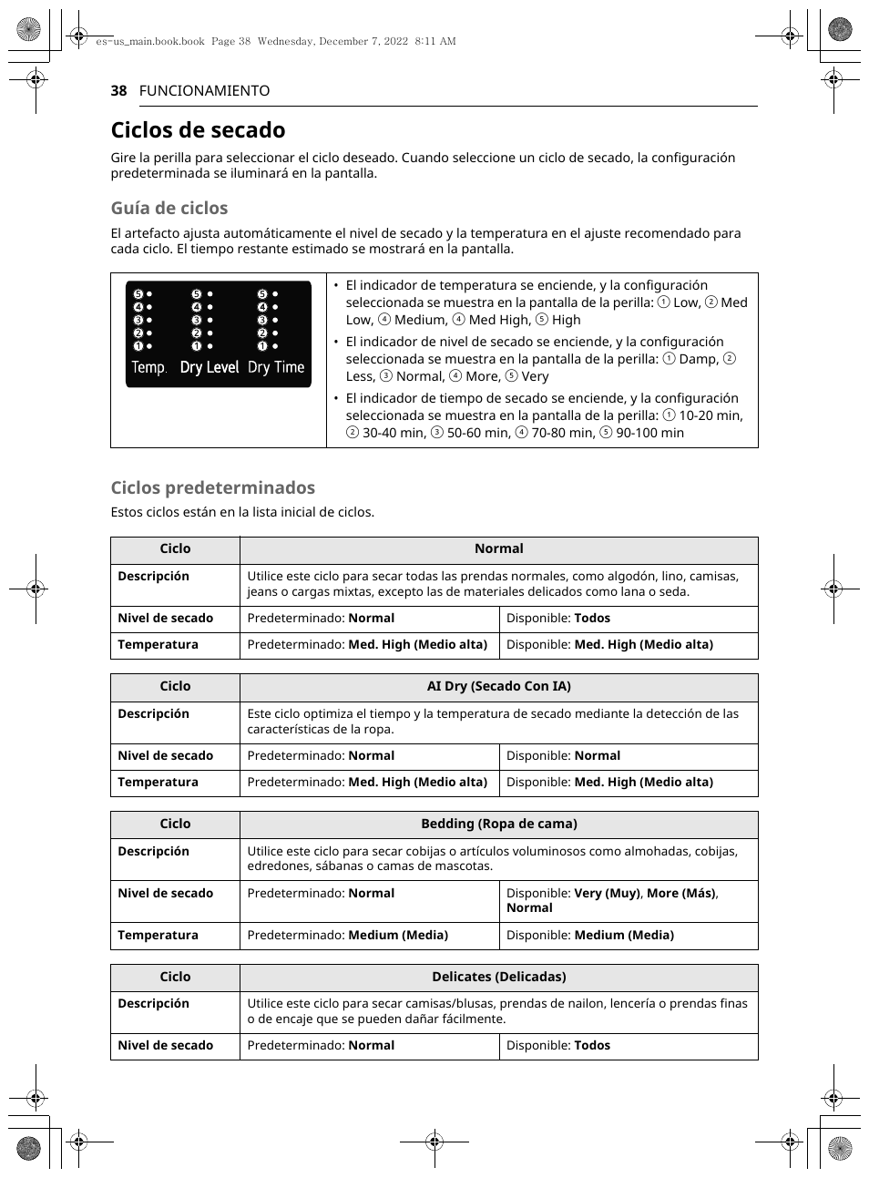 Ciclos de secado, Guía de ciclos, Ciclos predeterminados | LG 27 Inch Electric Smart Dryer Owners Guide User Manual | Page 100 / 132