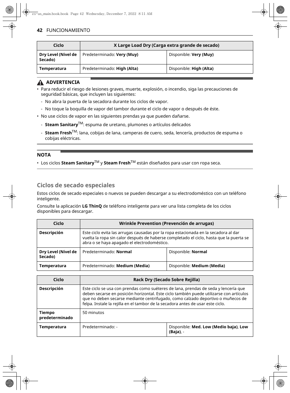 Ciclos de secado especiales | LG 27 Inch Electric Smart Dryer Owners Guide User Manual | Page 104 / 132
