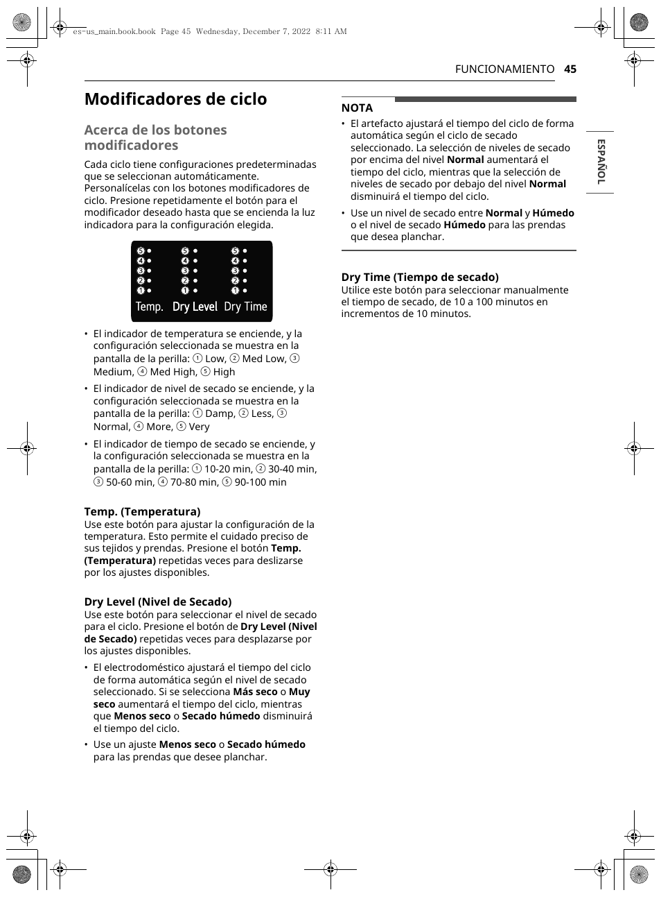 Modificadores de ciclo, Acerca de los botones modificadores | LG 27 Inch Electric Smart Dryer Owners Guide User Manual | Page 107 / 132