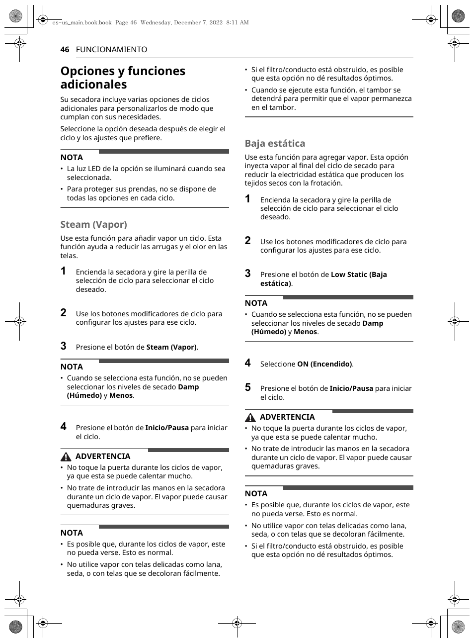 Opciones y funciones adicionales, Steam (vapor), Baja estática | LG 27 Inch Electric Smart Dryer Owners Guide User Manual | Page 108 / 132