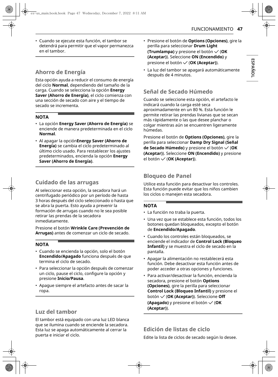 Ahorro de energía, Cuidado de las arrugas, Luz del tambor | Señal de secado húmedo, Bloqueo de panel, Edición de listas de ciclo | LG 27 Inch Electric Smart Dryer Owners Guide User Manual | Page 109 / 132
